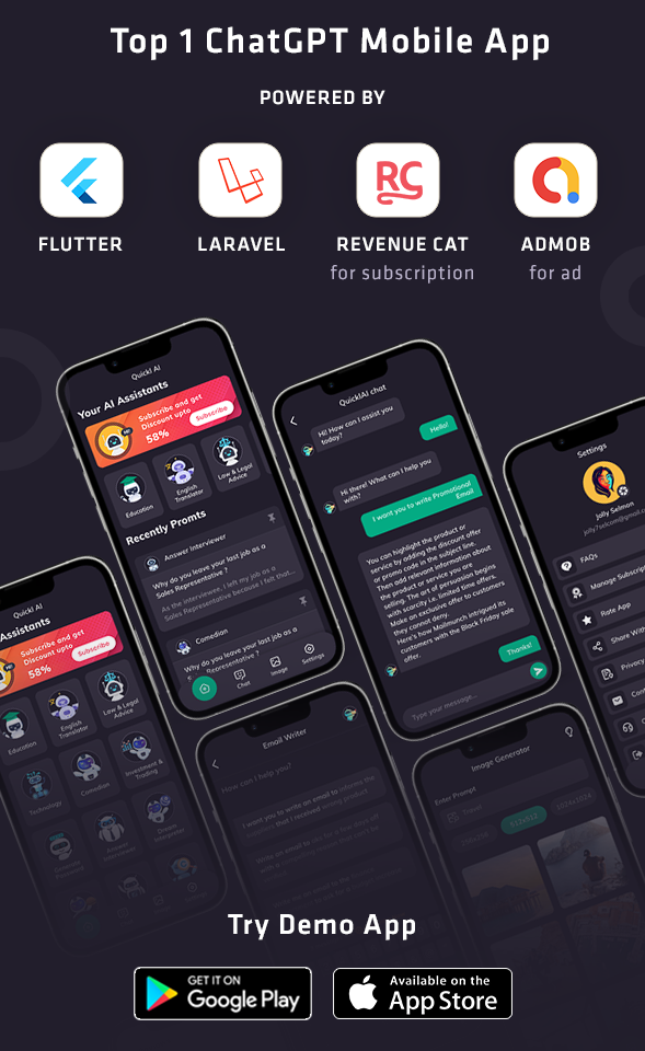 QUICKL - ChatGPT Flutter Full Application With ADMOB | Subscription Plan - 4
